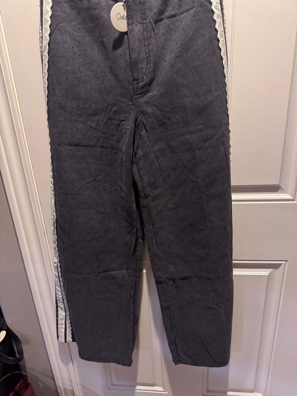NWT Oddi Los Angeles Pants Size S Blue Polka Dot Lace Trim